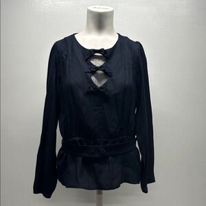 Sandro Paris Blouse Long Sleeve Top Shirt Lace Bow Belted Navy Blue Size Small